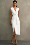 White Sheath V-Neck Tea Length Semi Formal Dress with Sash