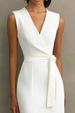 White Sheath V-Neck Tea Length Semi Formal Dress with Sash