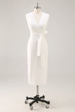 Leely Women White Bodycon Midi Satin Semi Formal Dress with Slit V-Neck Sleeveless Work Dress with Sash