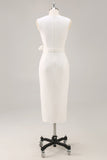 White Sheath V-Neck Tea Length Semi Formal Dress with Sash