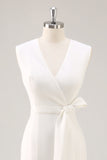 White Sheath V-Neck Tea Length Semi Formal Dress with Sash