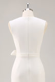 White Sheath V-Neck Tea Length Semi Formal Dress with Sash