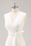 Midi White V-Neck Sheath Semi Formal Dress with Sash