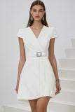 White Pleated A Line Short Semi Formal Dress with Belt