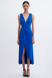 Royal Blue Sheath Sleeveless V Neck Semi Formal Dress with Slit