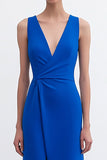 Royal Blue Sheath Sleeveless V Neck Semi Formal Dress with Slit