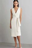 Ivory Sheath Sleeveless Midi Semi Formal Dress with Sash