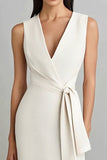 Ivory Sheath Sleeveless Midi Semi Formal Dress with Sash
