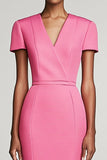 Pink Sheath V-Neck Knee-Length Semi Formal Dress