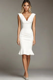 White Sleeveless V-Neck Bodycon Knee-Length Semi Formal Dress