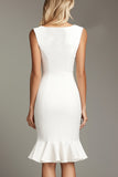 White Sleeveless V-Neck Bodycon Knee-Length Semi Formal Dress
