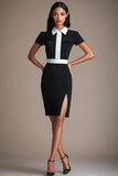 Black White Patchwork Bodycon Knee-Length Cocktail Dress with Slit