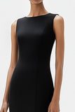 Black Bodycon Bateau Neck Sleeveless Midi Semi Formal Dress