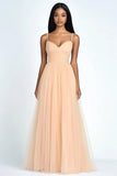 Peach Tulle Spaghetti Straps A Line Pleated Maxi Wedding Guest Dress