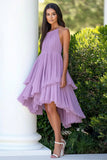 Lilac A Line Chiffon Pleated Asymmetrical Wedding Guest Dress