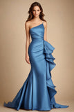 Blue One Shoulder Mermaid Ruffled Satin Long Wedding Guest Dress