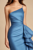 Blue One Shoulder Mermaid Ruffled Satin Long Wedding Guest Dress
