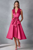 Fuchsia Deep V-Neck A Line Knee Length Wedding Guest Dress with Bow