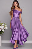 A Line Lilac One Shoulder Satin Pleated Long Wedding Guest Dress
