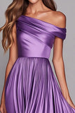 A Line Lilac One Shoulder Satin Pleated Long Wedding Guest Dress