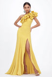 Yellow Satin Ruffled Long Sheath Wedding Guest Dress with Slit