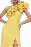 Yellow Satin Ruffled Long Sheath Wedding Guest Dress with Slit