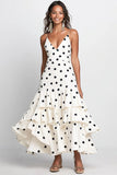 White Black A Line Chiffon Tiered Maxi Wedding Guest Dress with Polka Dots