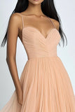 Peach A Line Spaghetti Straps Pleated Long Wedding Guest Dress