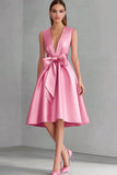Pink Satin V Neck A Line Midi Wedding Guest Dress with Bow