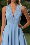 Sky Blue Deep V-Neck A Line Tea Length Wedding Guest Dress with Appliques