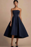 Navy Satin A Line Strapless Midi Wedding Guest Dress