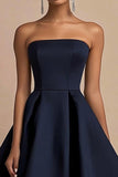 Navy Satin A Line Strapless Midi Wedding Guest Dress