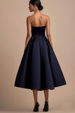 Navy Satin A Line Strapless Midi Wedding Guest Dress