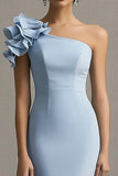 Sky Blue One Shoulder Satin Maxi Mermaid Wedding Guest Dress with Ruffles