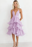 Lilac V Neck Chiffon Tiered Knee-Length A Line Wedding Guest Dress