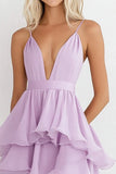 Lilac V Neck Chiffon Tiered Knee-Length A Line Wedding Guest Dress