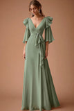 V Neck Dusty Sage A Line Chiffon Ruffled Maxi Wedding Guest Dress with Sash