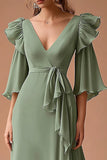 V Neck Dusty Sage A Line Chiffon Ruffled Maxi Wedding Guest Dress with Sash