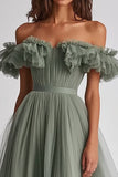 Dusty Sage A Line Tulle Long Wedding Guest Dress with Ruffles