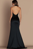 Simple Halter Satin Keyhole Mermaid Long Black Tie Dress with Slit