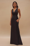 Satin V-Neck Long Sleeveless Black Tie Dress