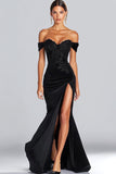 Off the Shoulder Appliqued Maxi Satin Black Tie Dress with Slit