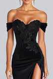 Off the Shoulder Appliqued Maxi Satin Black Tie Dress with Slit