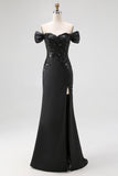 Off the Shoulder Appliqued Maxi Satin Black Tie Dress with Slit