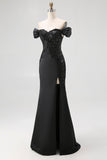 Sparkly Off the Shoulder Sequined Maxi Satin Black Tie Dress with Slit