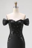 Off the Shoulder Appliqued Maxi Satin Black Tie Dress with Slit