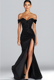 Off the Shoulder Appliqued Maxi Satin Black Tie Dress with Slit