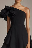 One Shoulder A Line Little Black Dress with Ruffles