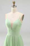 Dusty Sage A-Line V-Neck Pleated Spaghetti Straps Maxi Formal Dress
