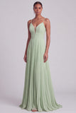 Dusty Sage A-Line V-Neck Pleated Spaghetti Straps Maxi Formal Dress